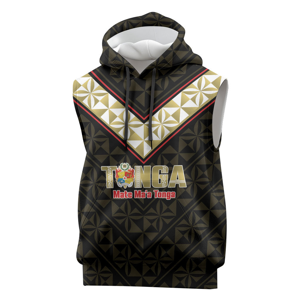 Mate Maa Tonga Rugby Custom Sleeveless Hoodie 2026 Tongan Ngatu Pattern Black LT14 Black - Polynesian Pride