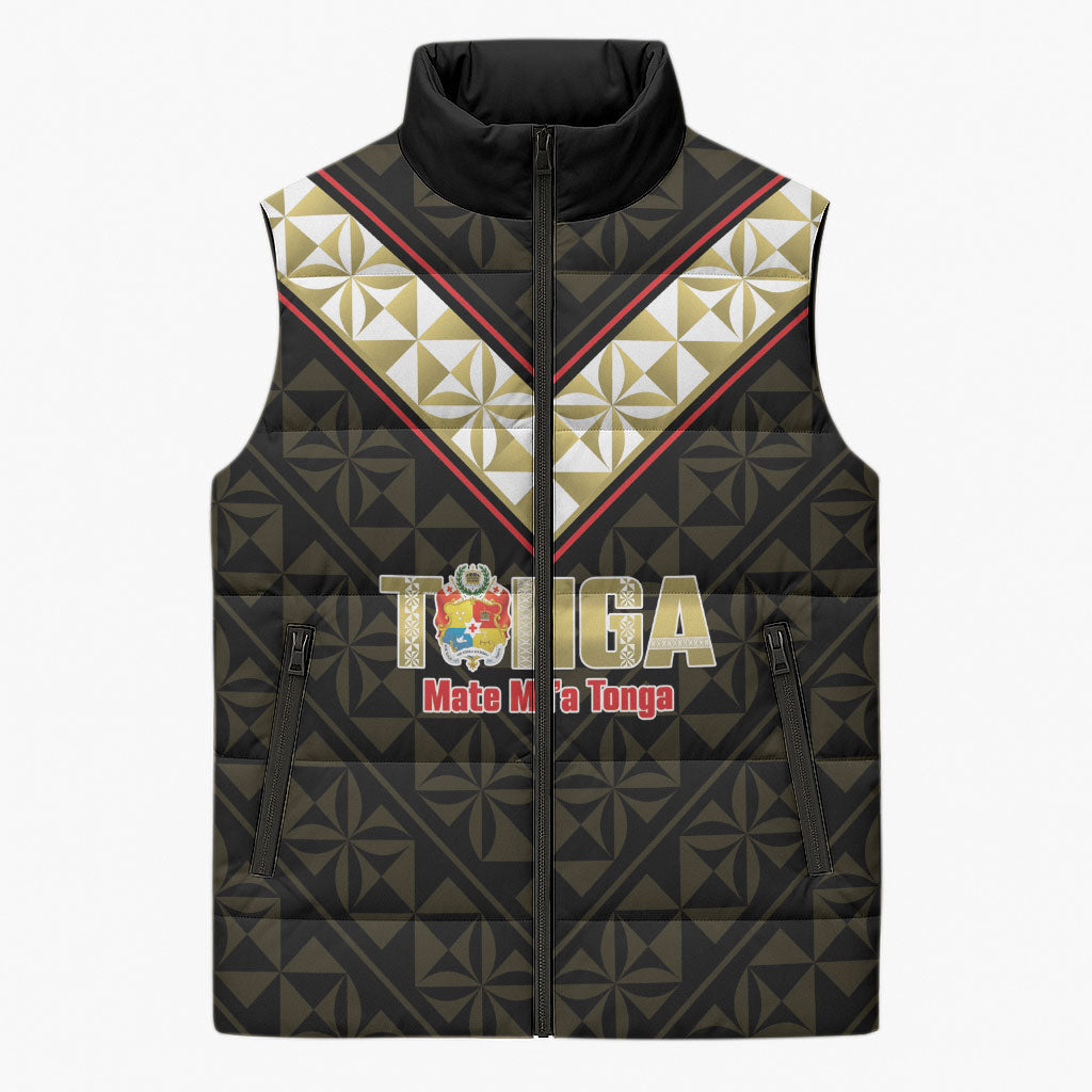 Mate Maa Tonga Rugby Custom Sleeveless Puffer Jacket 2026 Tongan Ngatu Pattern Black LT14 Unisex Black - Polynesian Pride