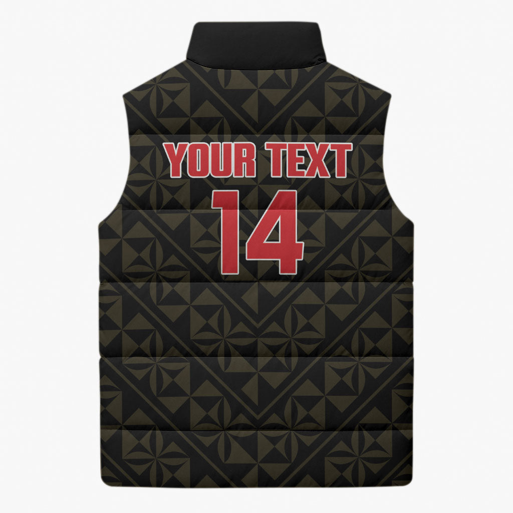 Mate Maa Tonga Rugby Custom Sleeveless Puffer Jacket 2026 Tongan Ngatu Pattern Black LT14 - Polynesian Pride