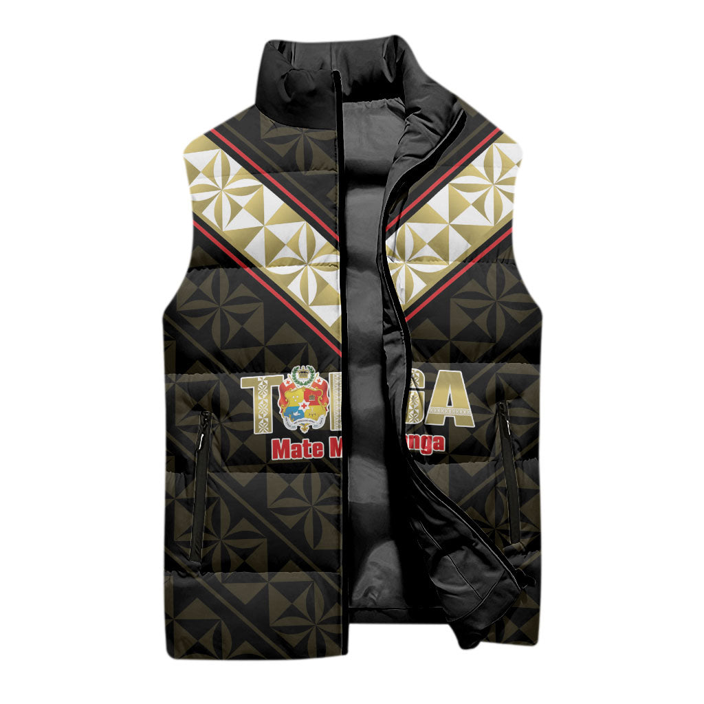 Mate Maa Tonga Rugby Custom Sleeveless Puffer Jacket 2026 Tongan Ngatu Pattern Black LT14 - Polynesian Pride