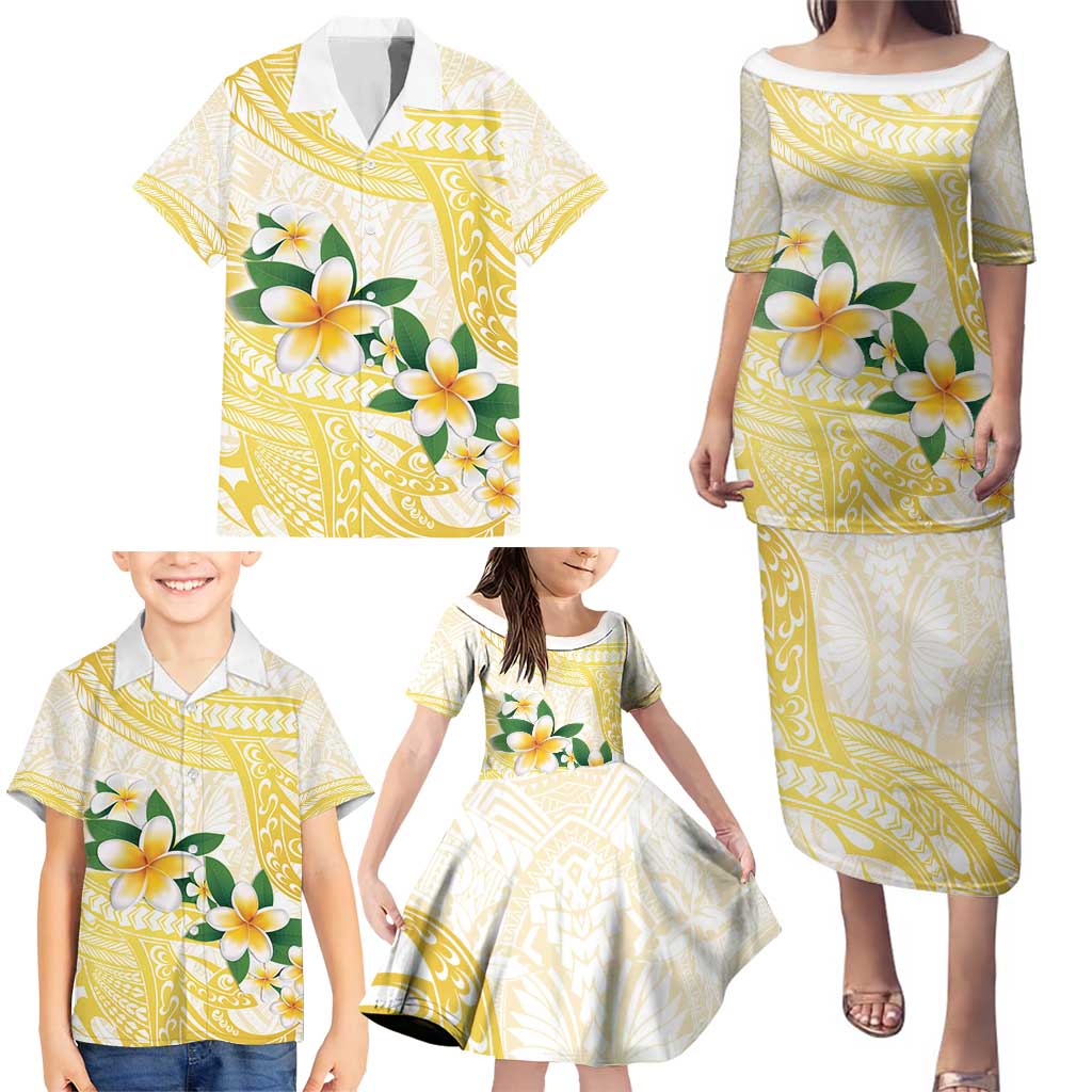 Gold And White Polynesia Plumeria Family Matching Puletasi and Hawaiian Shirt Curves Tropical Vibes