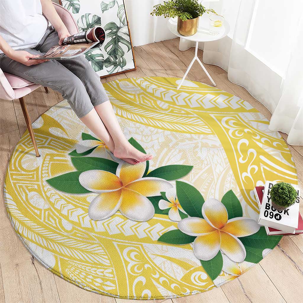 Gold And White Polynesia Plumeria Round Carpet Curves Tropical Vibes LT14 - Polynesian Pride