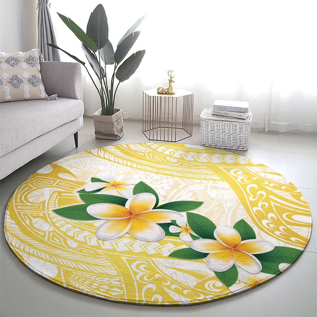 Gold And White Polynesia Plumeria Round Carpet Curves Tropical Vibes LT14 - Polynesian Pride