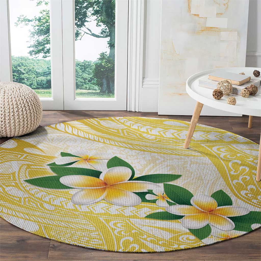 Gold And White Polynesia Plumeria Round Carpet Curves Tropical Vibes LT14 - Polynesian Pride