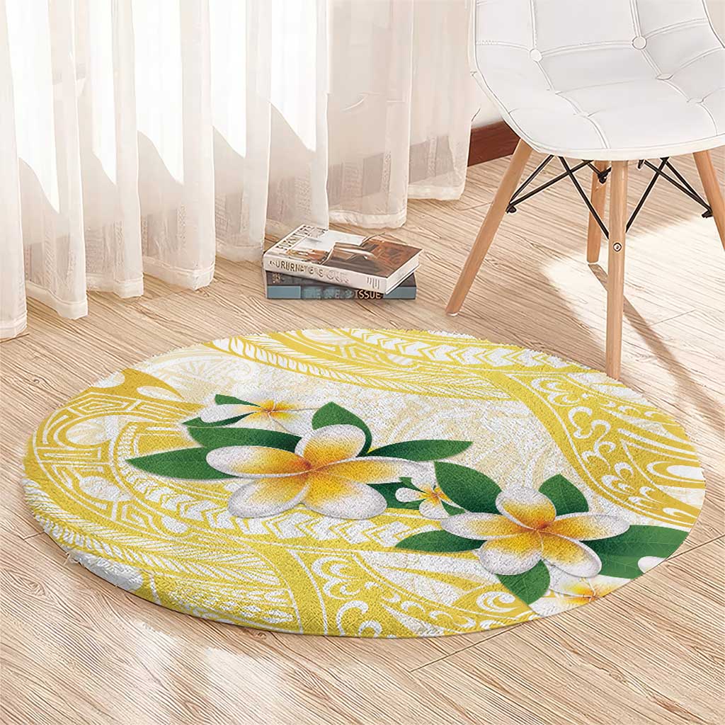 Gold And White Polynesia Plumeria Round Carpet Curves Tropical Vibes LT14 - Polynesian Pride