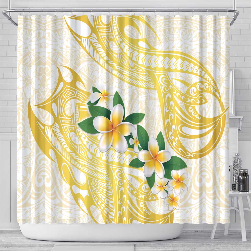 Gold And White Polynesia Plumeria Shower Curtain Curves Tropical Vibes LT14 - Polynesian Pride