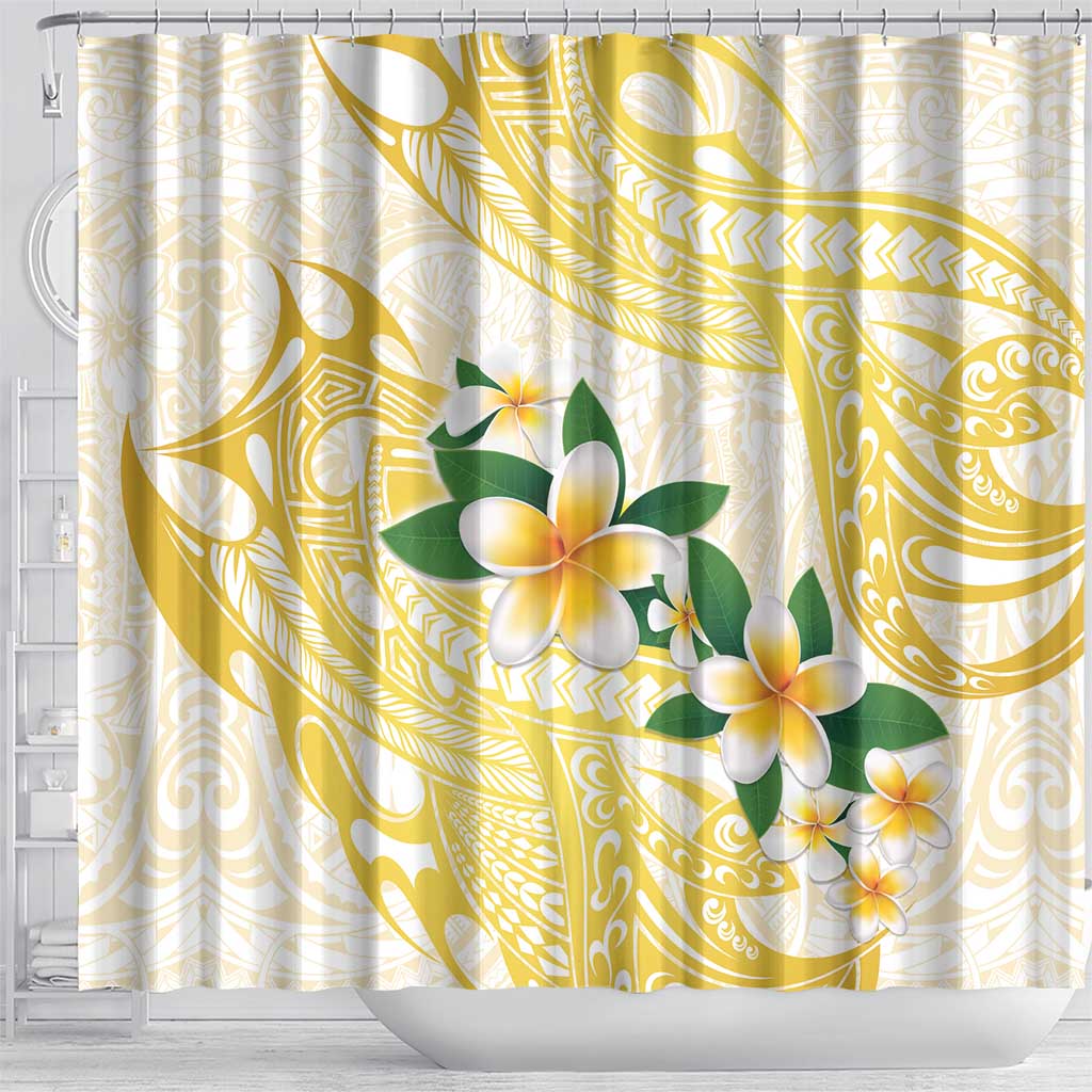 Gold And White Polynesia Plumeria Shower Curtain Curves Tropical Vibes LT14 - Polynesian Pride