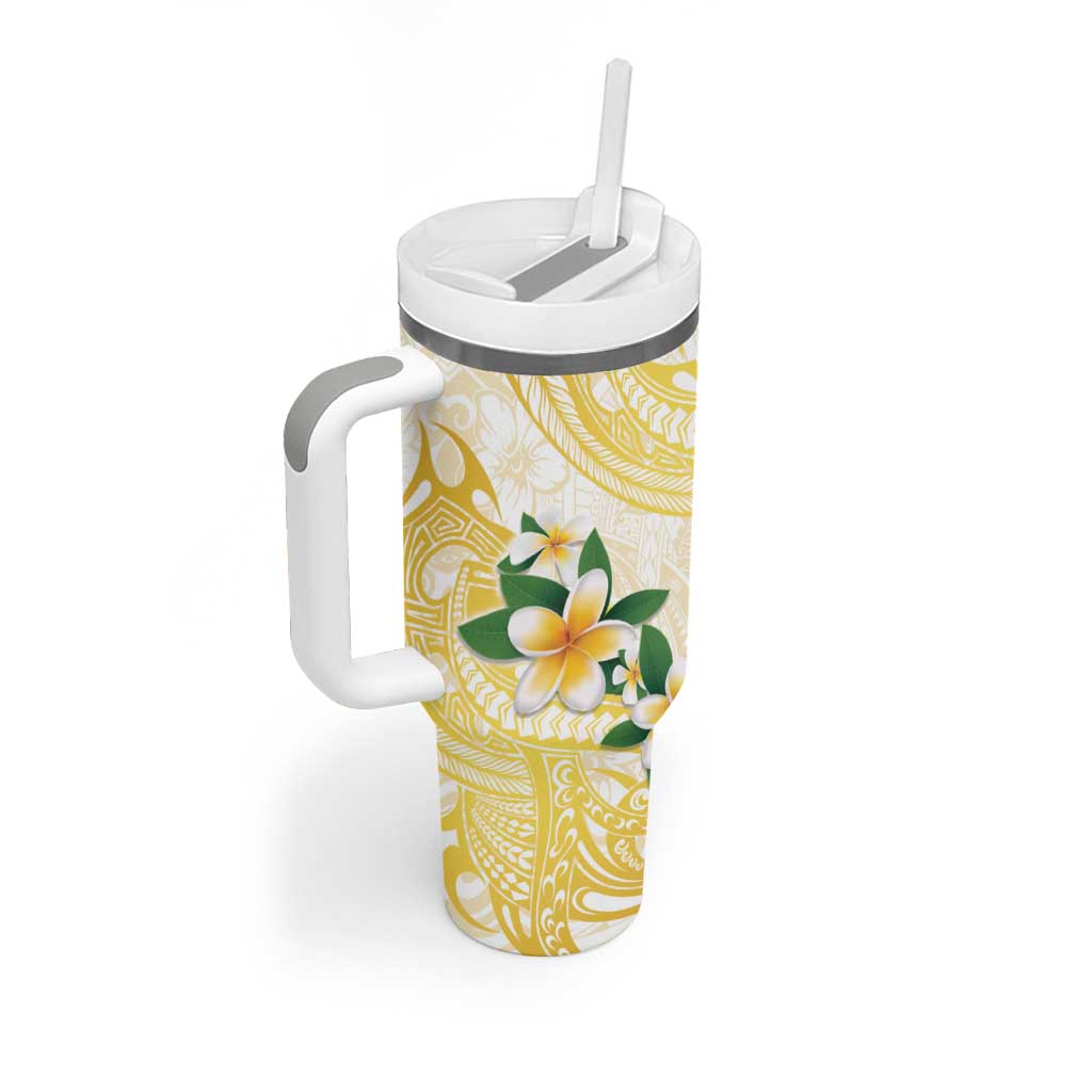 Gold And White Polynesia Plumeria Tumbler With Handle Curves Tropical Vibes LT14 - Polynesian Pride
