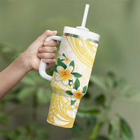 Gold And White Polynesia Plumeria Tumbler With Handle Curves Tropical Vibes LT14 - Polynesian Pride