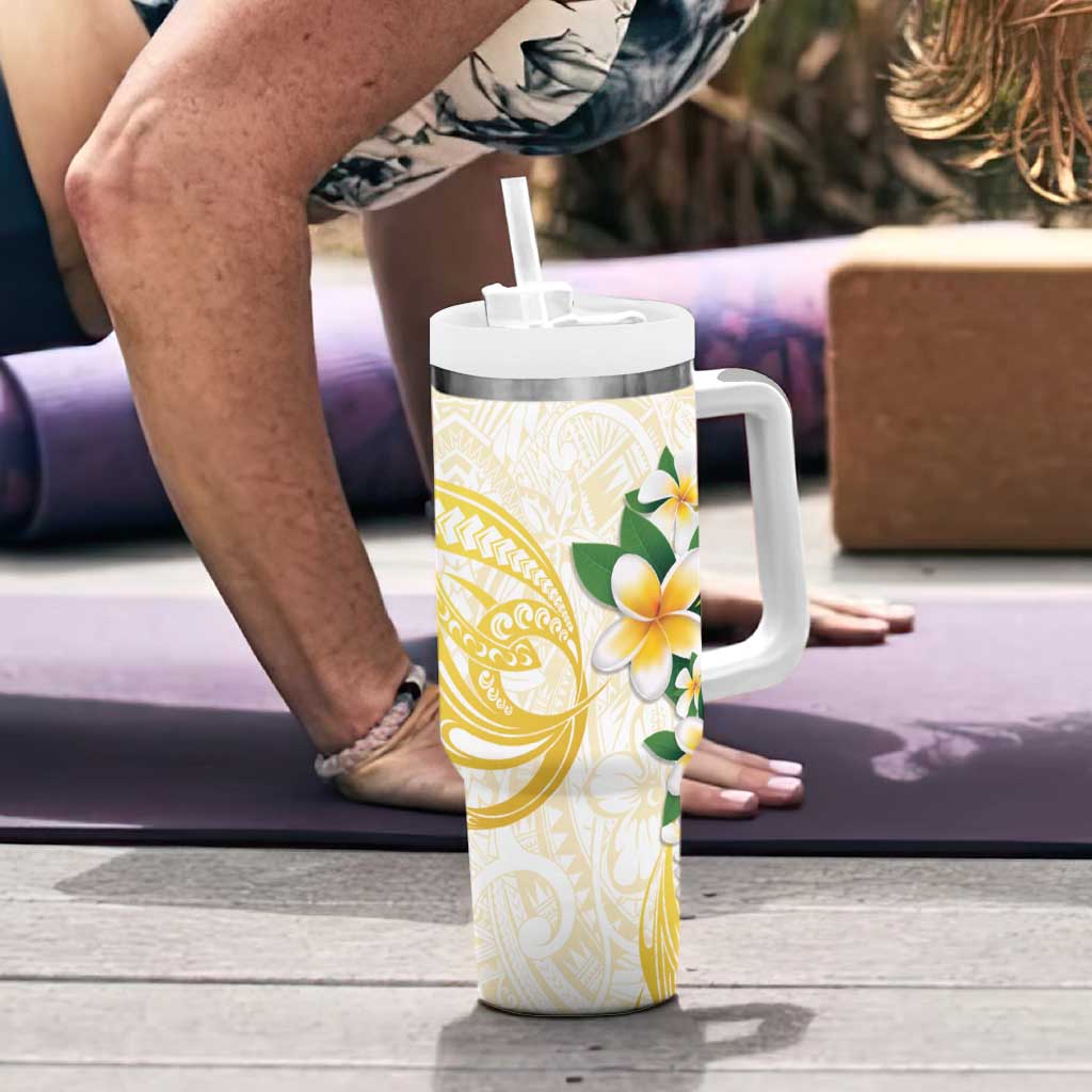Gold And White Polynesia Plumeria Tumbler With Handle Curves Tropical Vibes LT14 - Polynesian Pride
