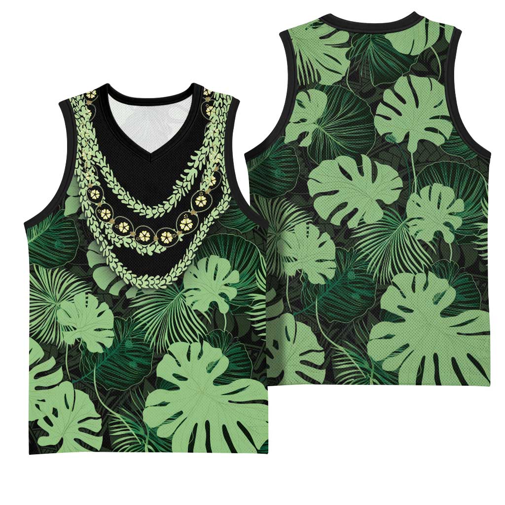 Green Hawaii Kukui Nut Lei Basketball Jersey Hawaiian Pattern Monstera Tropical Vibes LT14 - Polynesian Pride