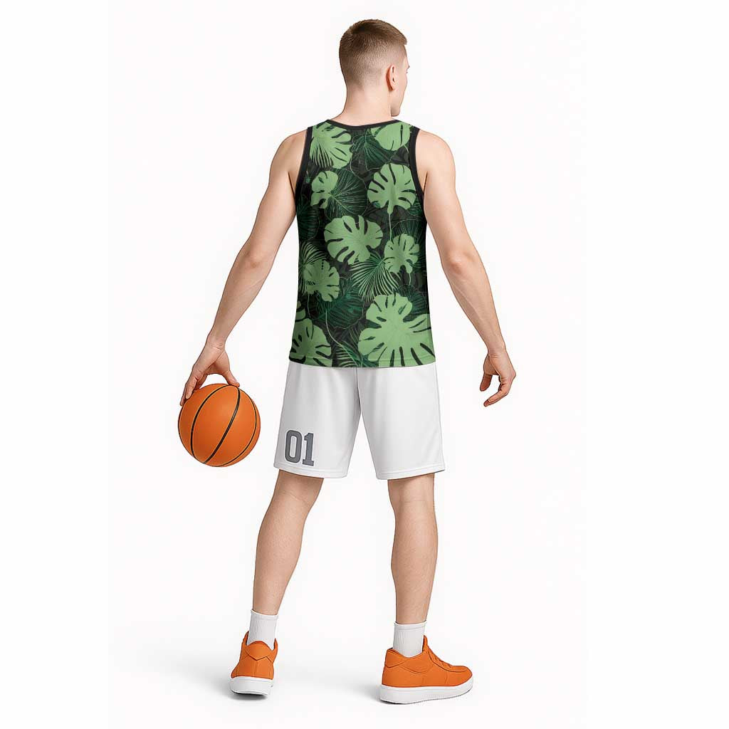 Green Hawaii Kukui Nut Lei Basketball Jersey Hawaiian Pattern Monstera Tropical Vibes LT14 - Polynesian Pride