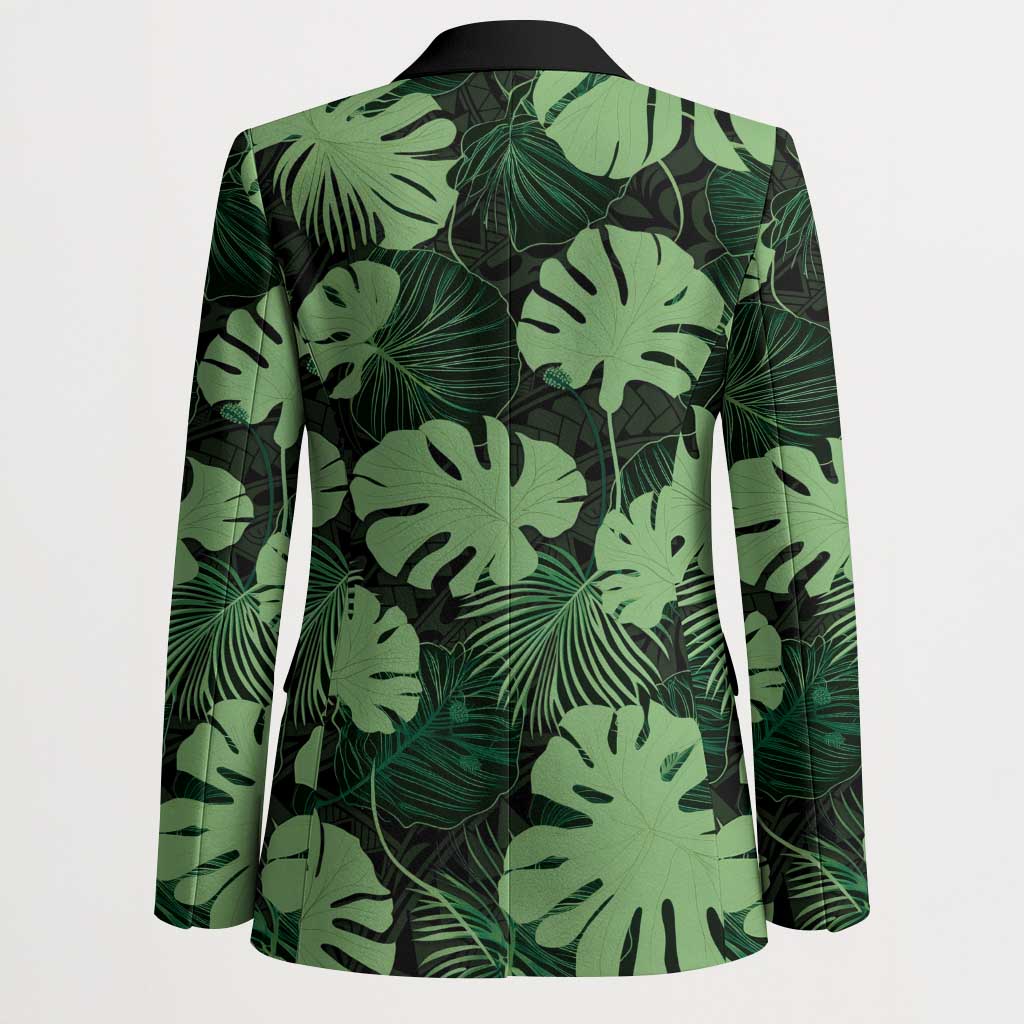 Green Hawaii Kukui Nut Lei Blazer Hawaiian Pattern Monstera Tropical Vibes LT14 - Polynesian Pride