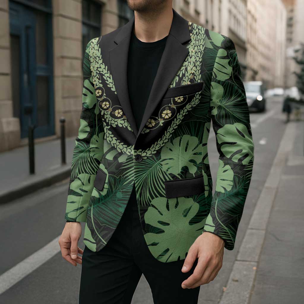 Green Hawaii Kukui Nut Lei Blazer Hawaiian Pattern Monstera Tropical Vibes LT14 - Polynesian Pride