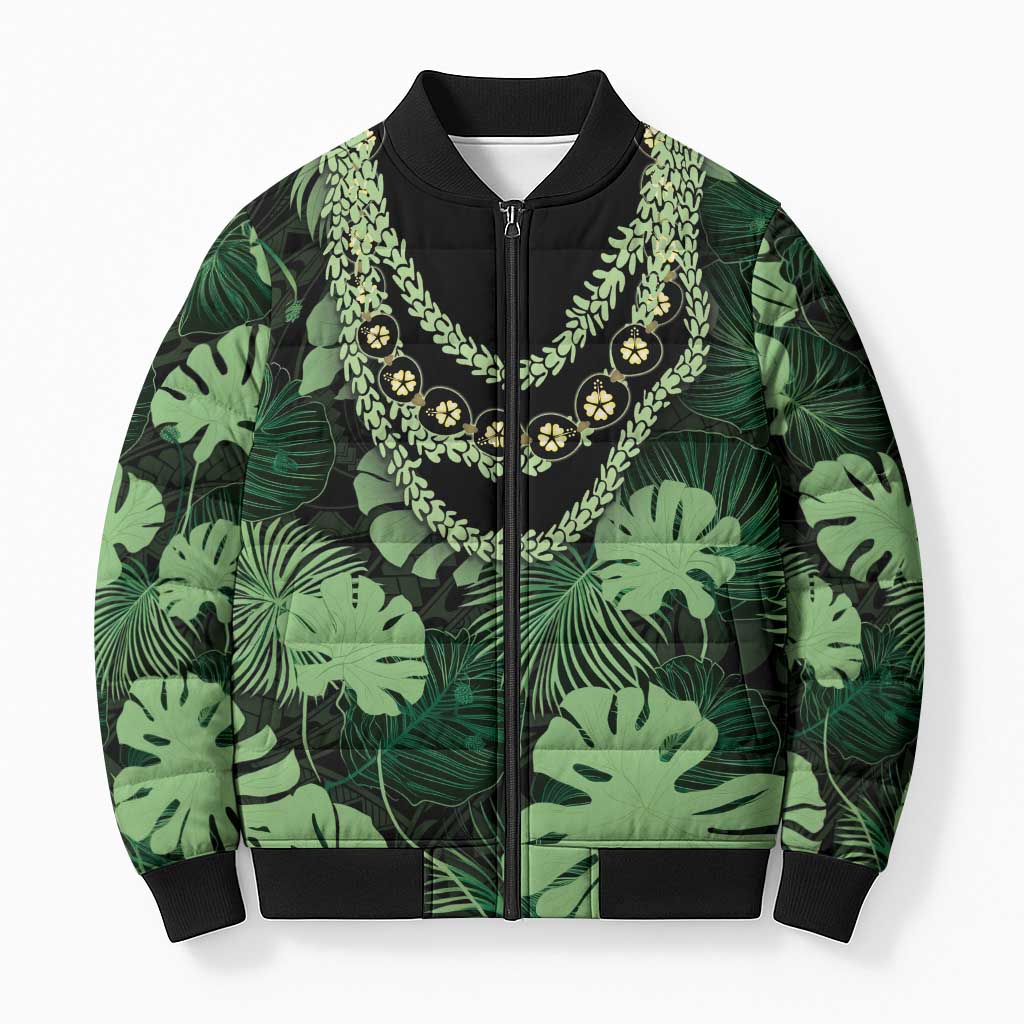 Green Hawaii Kukui Nut Lei Bomber Puffer Jacket Hawaiian Pattern Monstera Tropical Vibes LT14 Unisex Green - Polynesian Pride