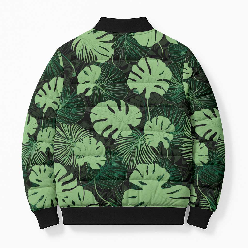Green Hawaii Kukui Nut Lei Bomber Puffer Jacket Hawaiian Pattern Monstera Tropical Vibes LT14 - Polynesian Pride