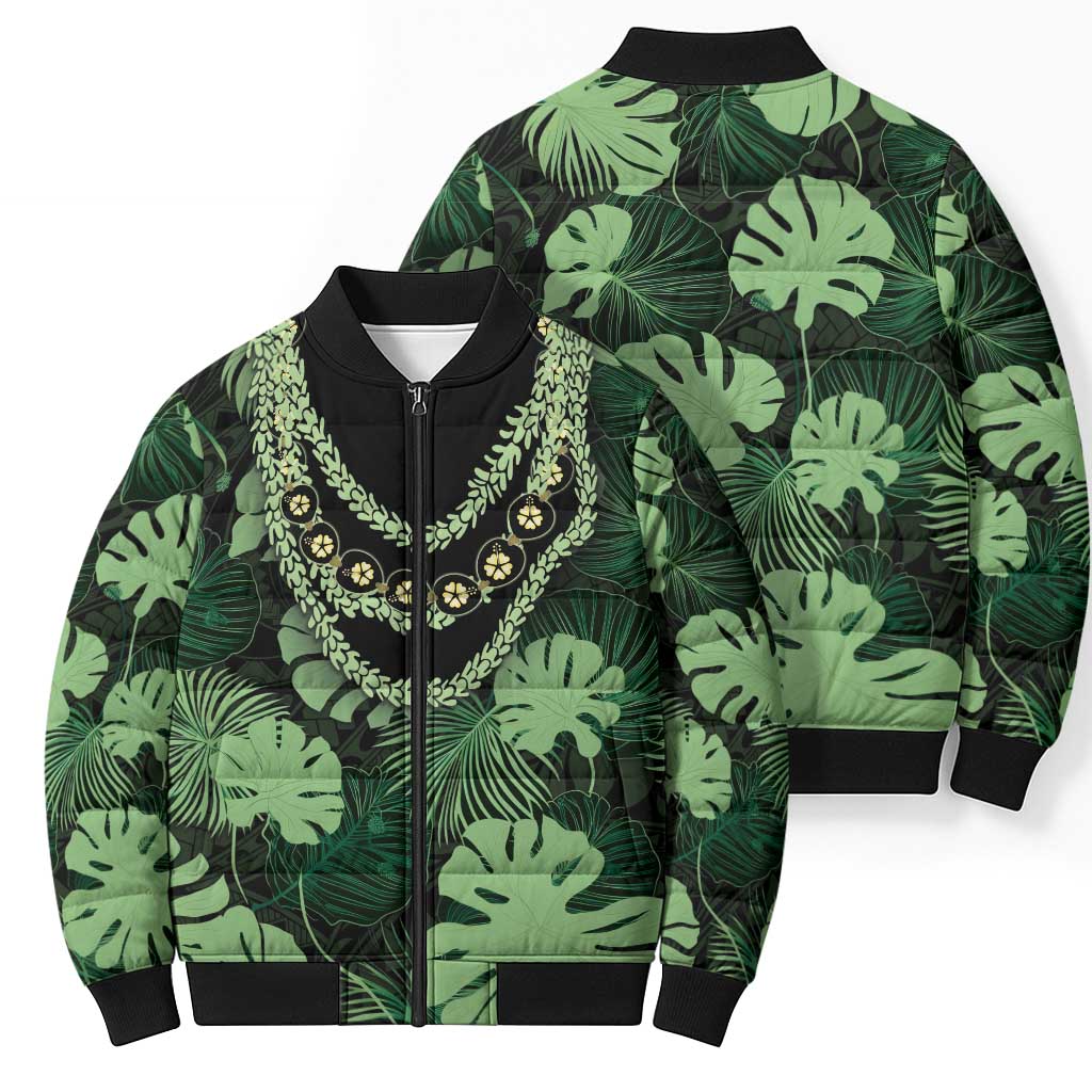 Green Hawaii Kukui Nut Lei Bomber Puffer Jacket Hawaiian Pattern Monstera Tropical Vibes LT14 - Polynesian Pride