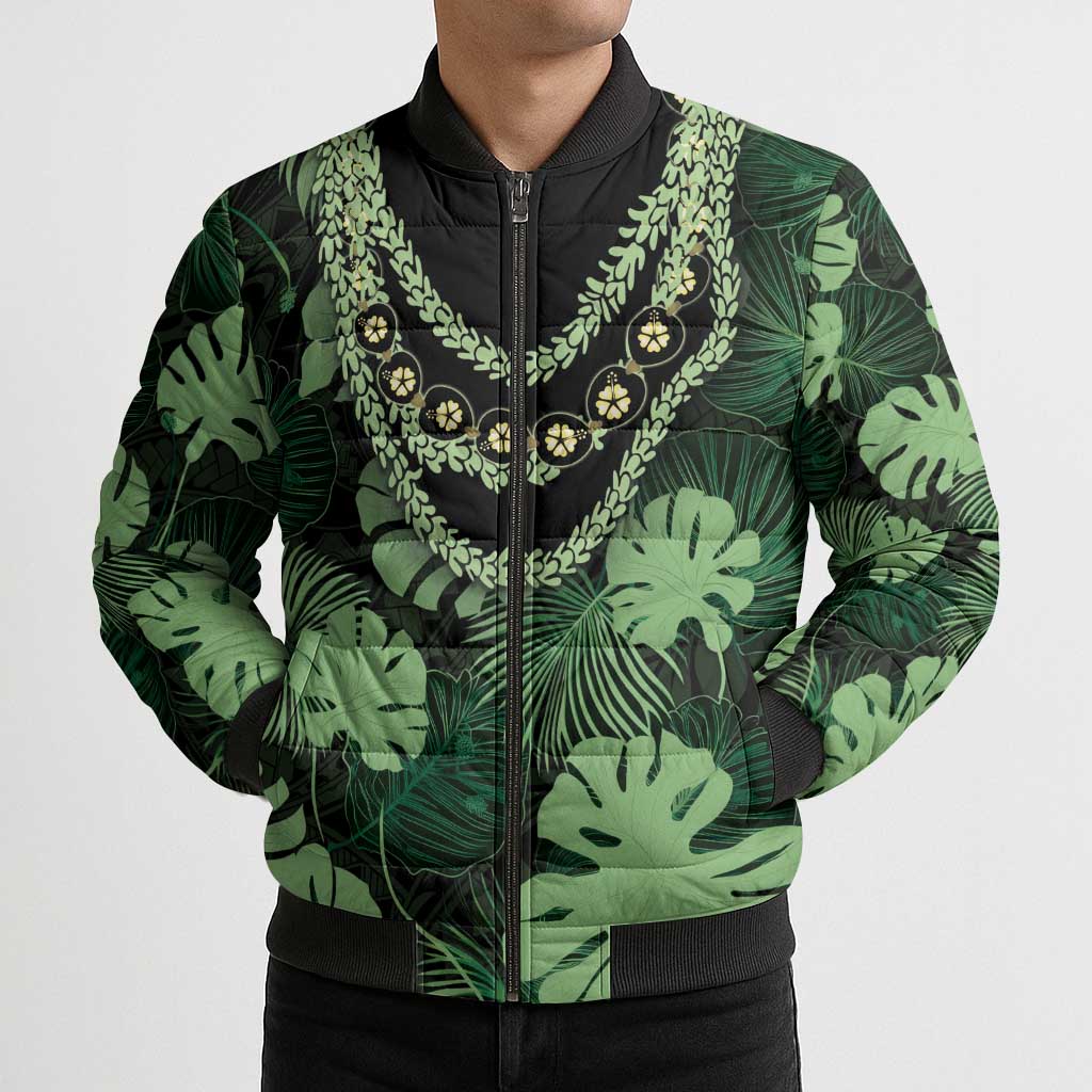 Green Hawaii Kukui Nut Lei Bomber Puffer Jacket Hawaiian Pattern Monstera Tropical Vibes LT14 - Polynesian Pride