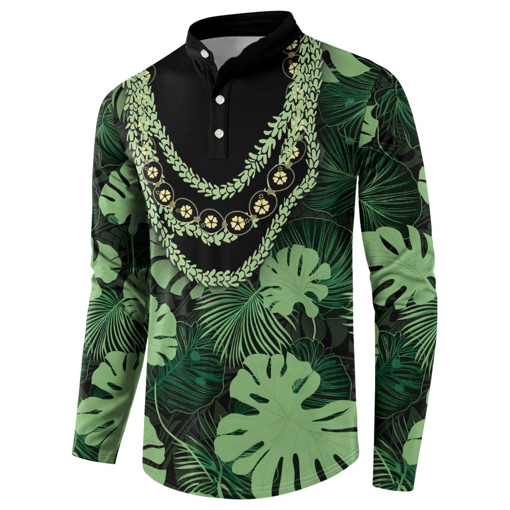 Green Hawaii Kukui Nut Lei Button Sweatshirt Hawaiian Pattern Monstera Tropical Vibes LT14 - Polynesian Pride
