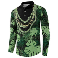 Green Hawaii Kukui Nut Lei Button Sweatshirt Hawaiian Pattern Monstera Tropical Vibes LT14 - Polynesian Pride