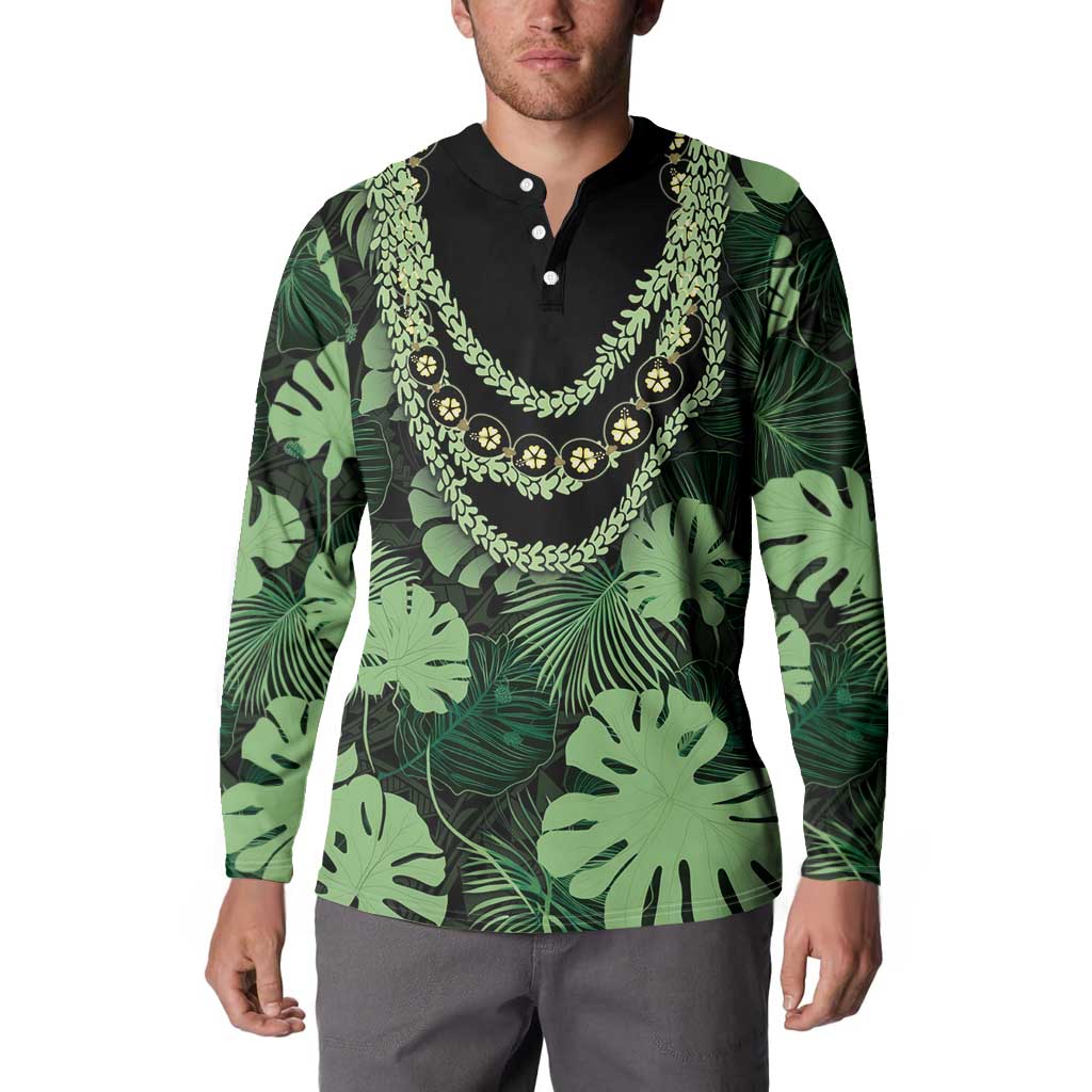 Green Hawaii Kukui Nut Lei Button Sweatshirt Hawaiian Pattern Monstera Tropical Vibes LT14 - Polynesian Pride