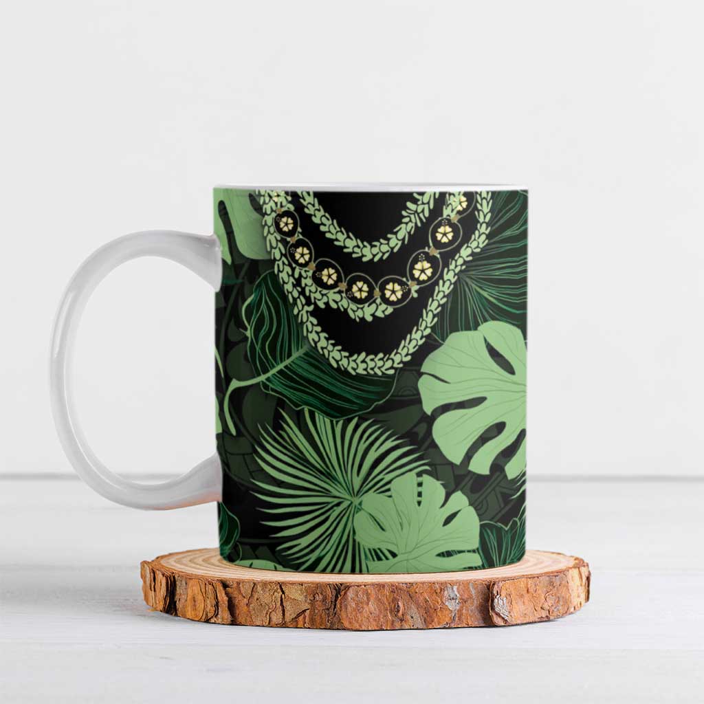 Green Hawaii Kukui Nut Lei Ceramic Mug Hawaiian Pattern Monstera Tropical Vibes LT14 Green - Polynesian Pride