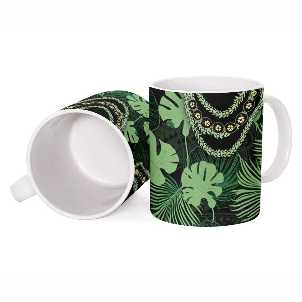 Green Hawaii Kukui Nut Lei Ceramic Mug Hawaiian Pattern Monstera Tropical Vibes LT14 - Polynesian Pride
