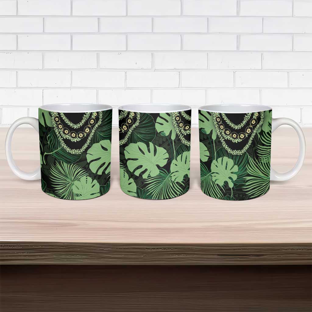 Green Hawaii Kukui Nut Lei Ceramic Mug Hawaiian Pattern Monstera Tropical Vibes LT14 - Polynesian Pride