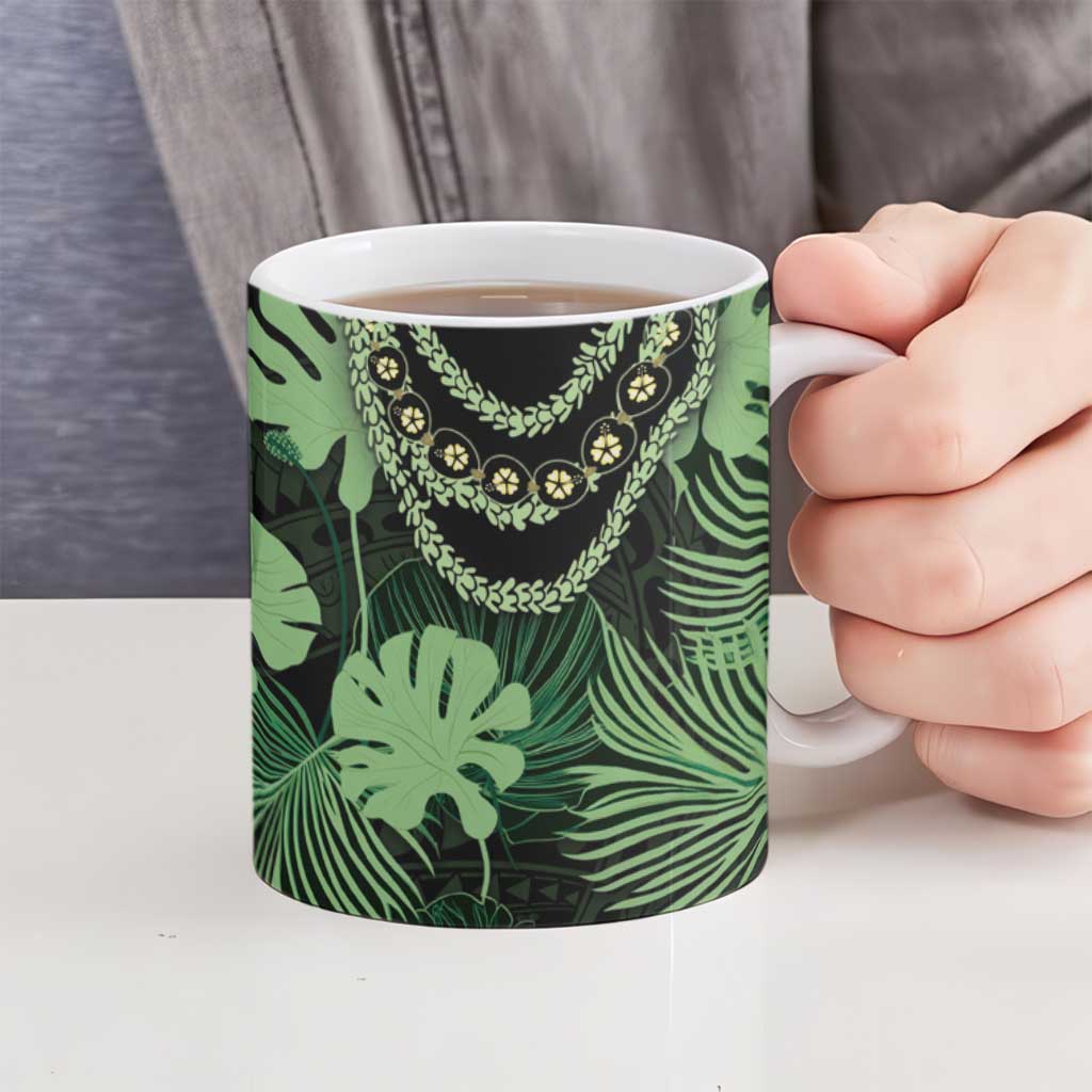 Green Hawaii Kukui Nut Lei Ceramic Mug Hawaiian Pattern Monstera Tropical Vibes LT14 - Polynesian Pride