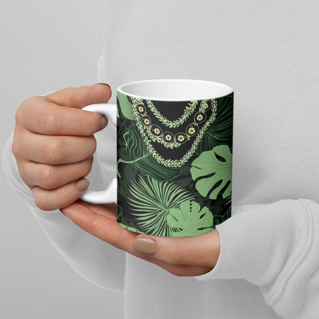 Green Hawaii Kukui Nut Lei Ceramic Mug Hawaiian Pattern Monstera Tropical Vibes LT14 - Polynesian Pride