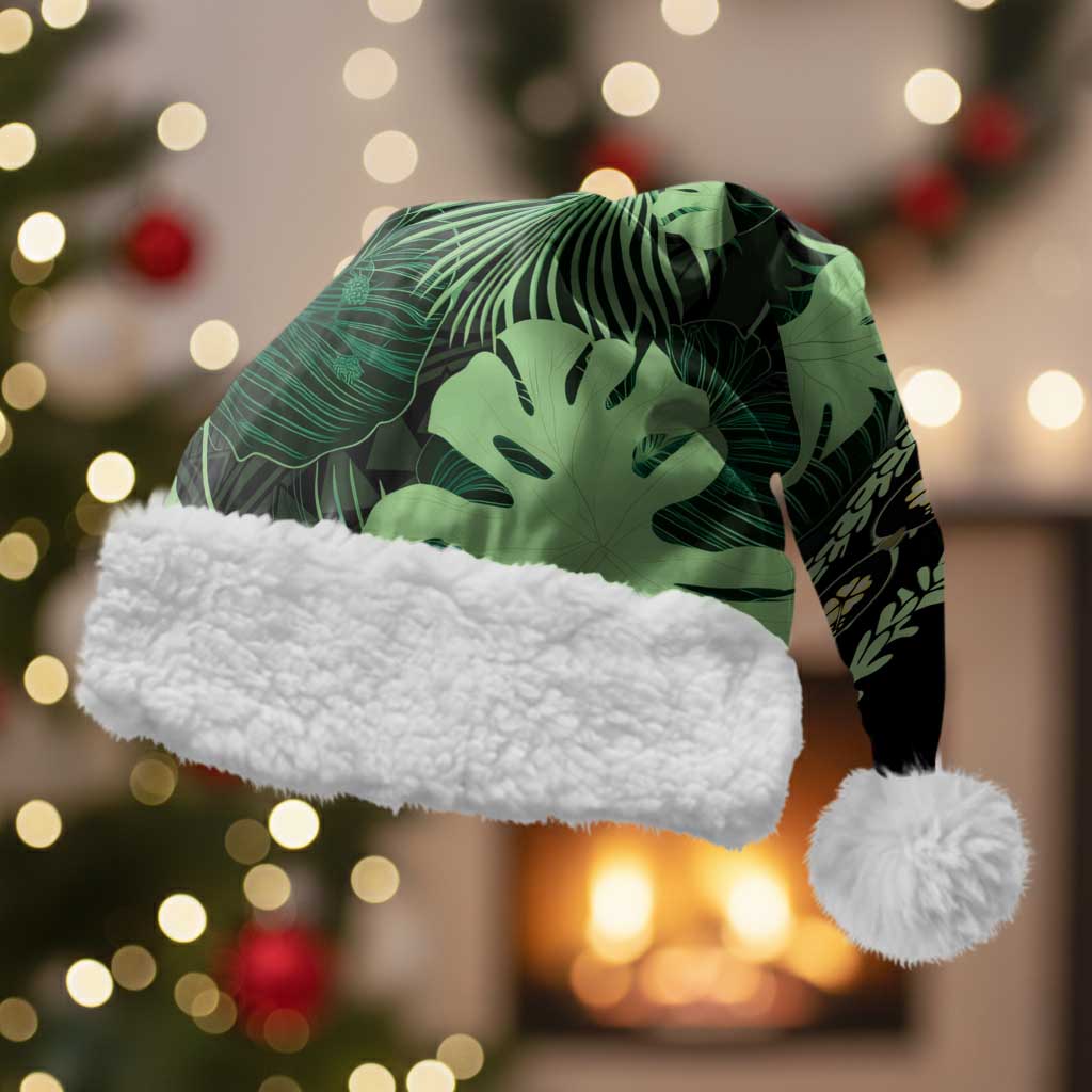 Green Hawaii Kukui Nut Lei Christmas Santa Hat Hawaiian Pattern Monstera Tropical Vibes LT14 With Fur Green - Polynesian Pride