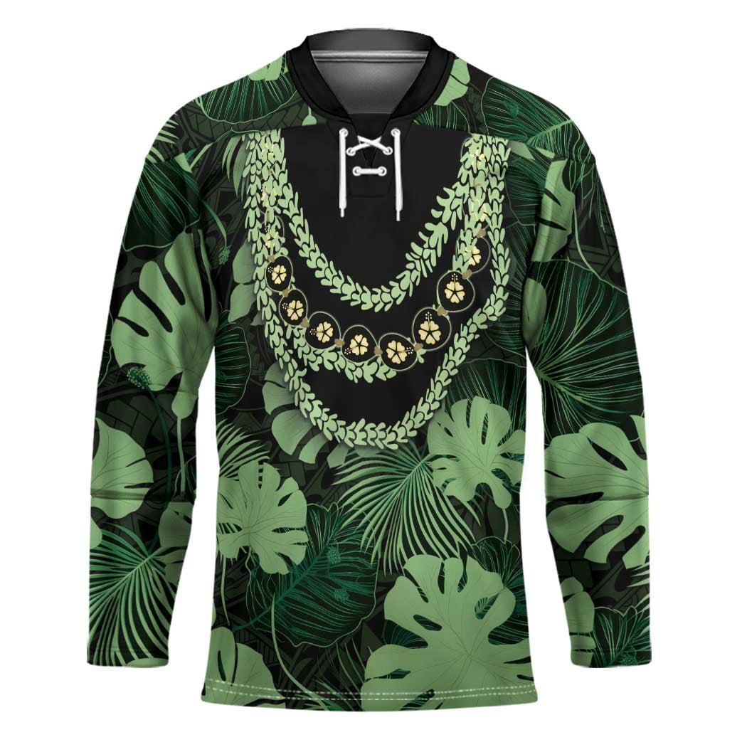 Green Hawaii Kukui Nut Lei Hockey Jersey Hawaiian Pattern Monstera Tropical Vibes LT14 Unisex Green - Polynesian Pride