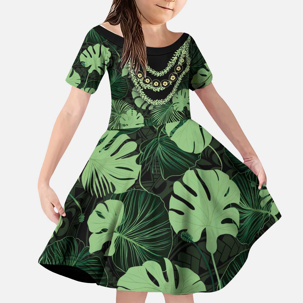 Green Hawaii Kukui Nut Lei Kid Short Sleeve Dress Hawaiian Pattern Monstera Tropical Vibes LT14 KID Green - Polynesian Pride