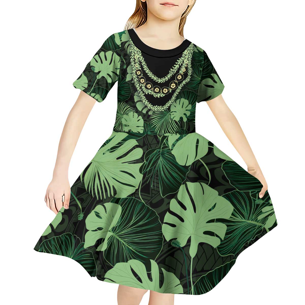 Green Hawaii Kukui Nut Lei Kid Short Sleeve Dress Hawaiian Pattern Monstera Tropical Vibes LT14 - Polynesian Pride