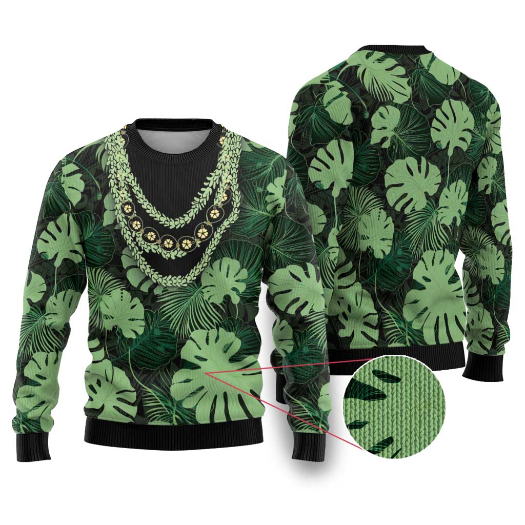 Green Hawaii Kukui Nut Lei Ugly Christmas Sweater Hawaiian Pattern Monstera Tropical Vibes LT14 Green - Polynesian Pride