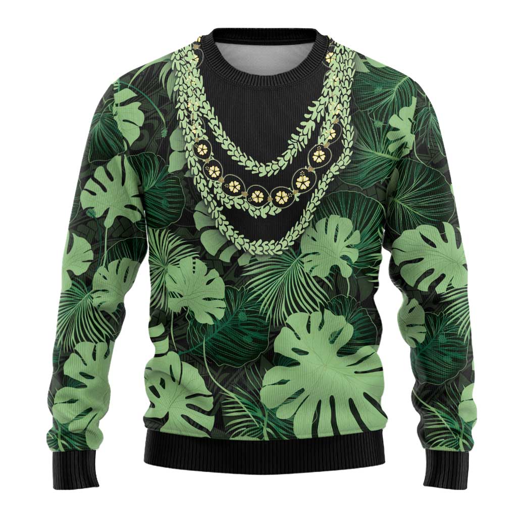 Green Hawaii Kukui Nut Lei Ugly Christmas Sweater Hawaiian Pattern Monstera Tropical Vibes LT14 - Polynesian Pride