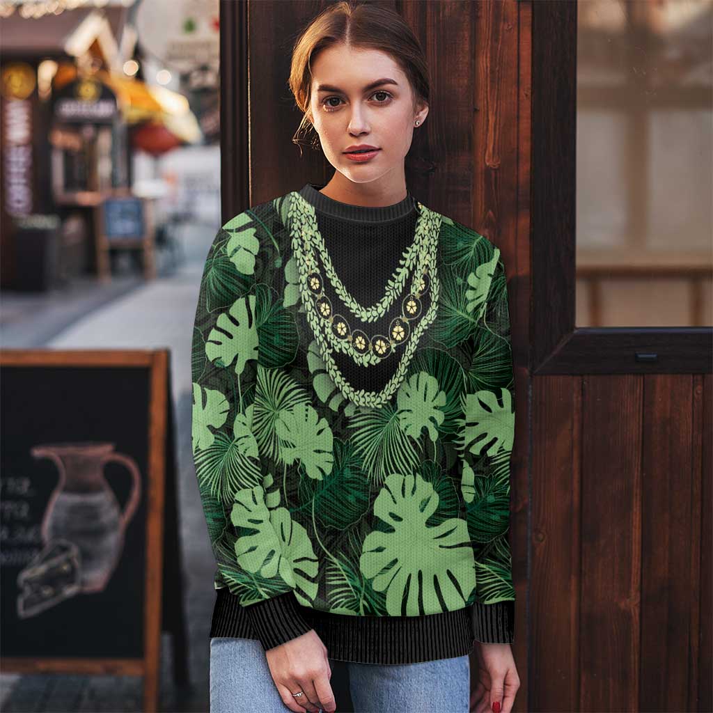 Green Hawaii Kukui Nut Lei Ugly Christmas Sweater Hawaiian Pattern Monstera Tropical Vibes LT14 - Polynesian Pride