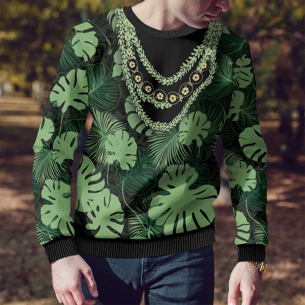 Green Hawaii Kukui Nut Lei Ugly Christmas Sweater Hawaiian Pattern Monstera Tropical Vibes LT14 - Polynesian Pride