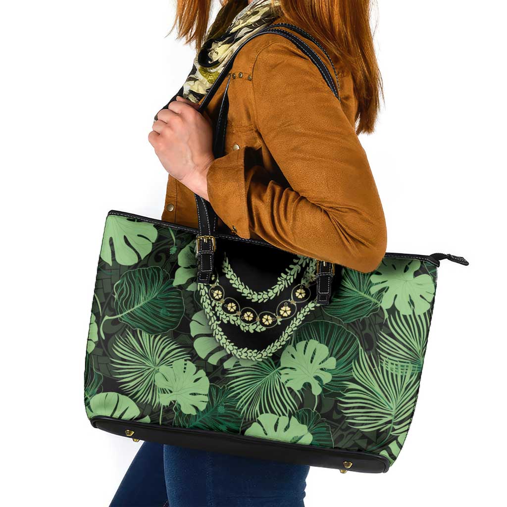 Green Hawaii Kukui Nut Lei Leather Tote Bag Hawaiian Pattern Monstera Tropical Vibes LT14 Green - Polynesian Pride