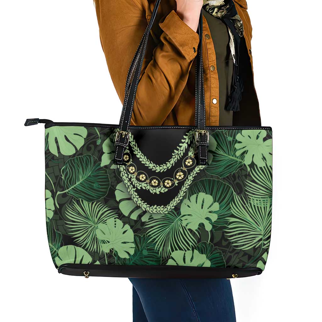 Green Hawaii Kukui Nut Lei Leather Tote Bag Hawaiian Pattern Monstera Tropical Vibes LT14 - Polynesian Pride