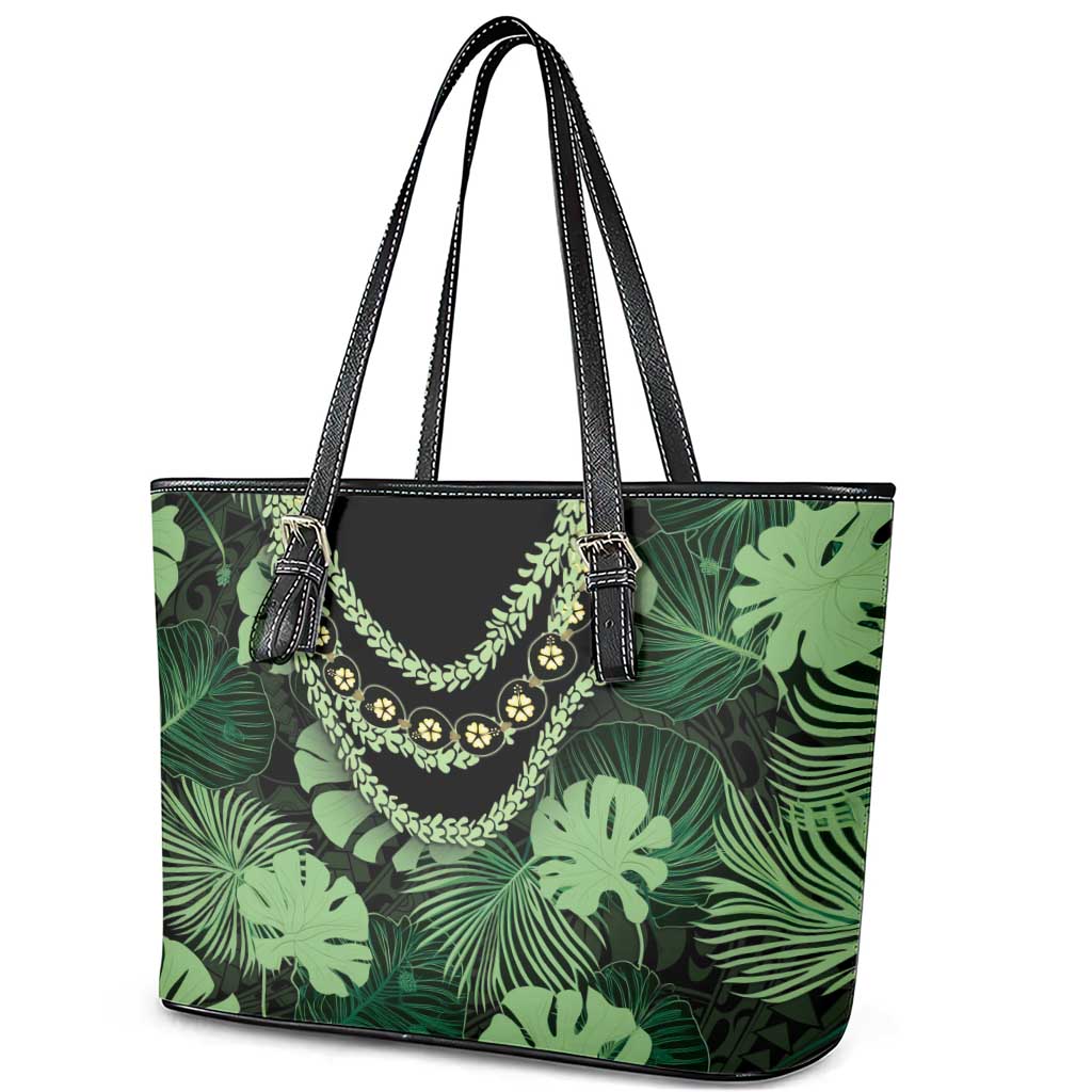 Green Hawaii Kukui Nut Lei Leather Tote Bag Hawaiian Pattern Monstera Tropical Vibes LT14 - Polynesian Pride