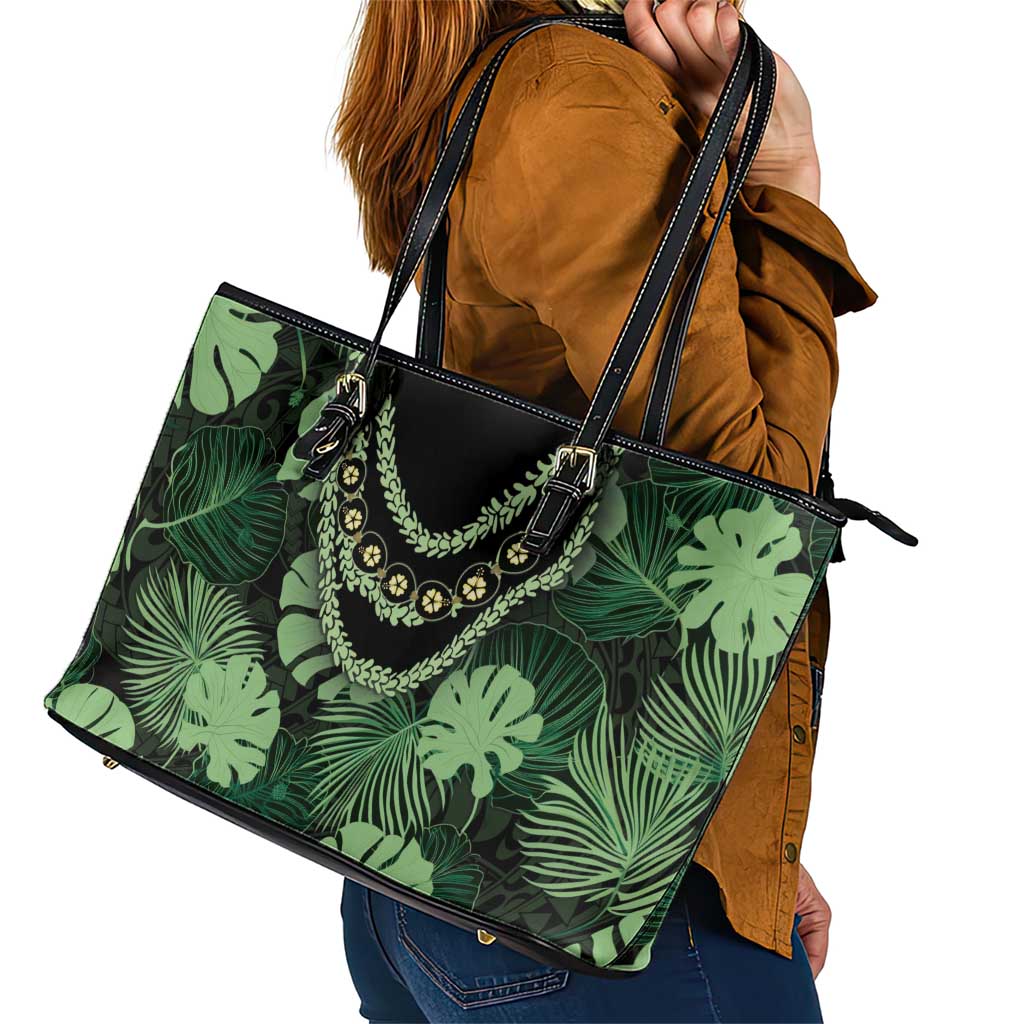 Green Hawaii Kukui Nut Lei Leather Tote Bag Hawaiian Pattern Monstera Tropical Vibes LT14 - Polynesian Pride