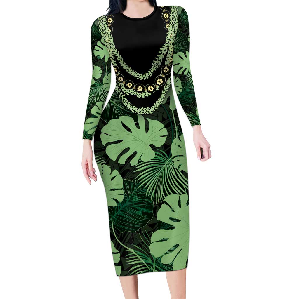 Green Hawaii Kukui Nut Lei Long Sleeve Bodycon Dress Hawaiian Pattern Monstera Tropical Vibes LT14 Long Dress Green - Polynesian Pride