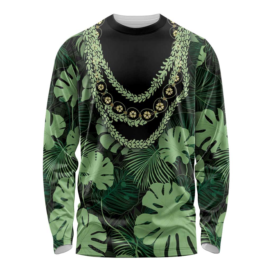 Green Hawaii Kukui Nut Lei Long Sleeve Shirt Hawaiian Pattern Monstera Tropical Vibes LT14 Unisex Green - Polynesian Pride