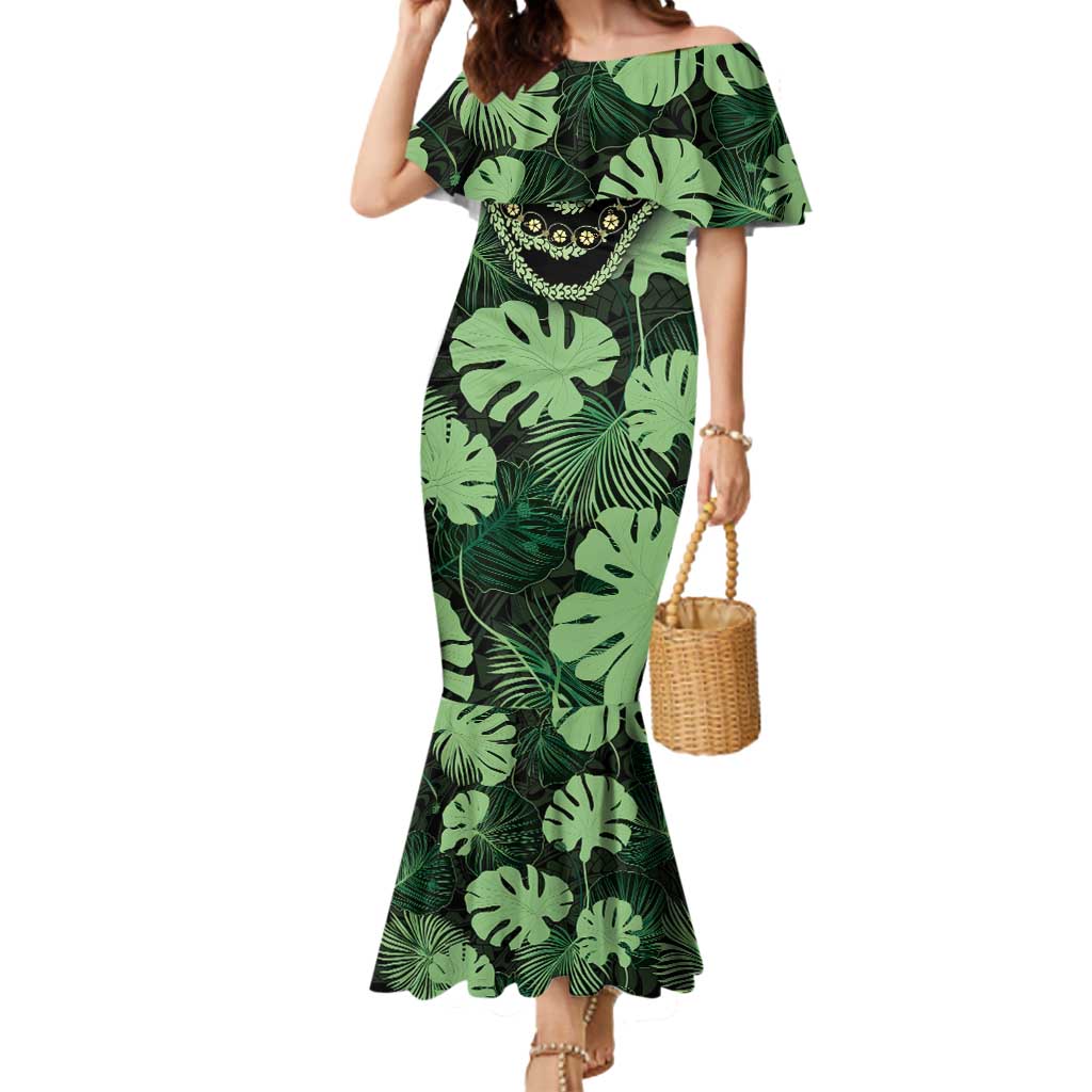 Green Hawaii Kukui Nut Lei Mermaid Dress Hawaiian Pattern Monstera Tropical Vibes LT14 Women Green - Polynesian Pride
