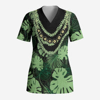 Green Hawaii Kukui Nut Lei Scrub Top Hawaiian Pattern Monstera Tropical Vibes LT14 Adult Green - Polynesian Pride