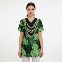 Green Hawaii Kukui Nut Lei Scrub Top Hawaiian Pattern Monstera Tropical Vibes LT14 - Polynesian Pride