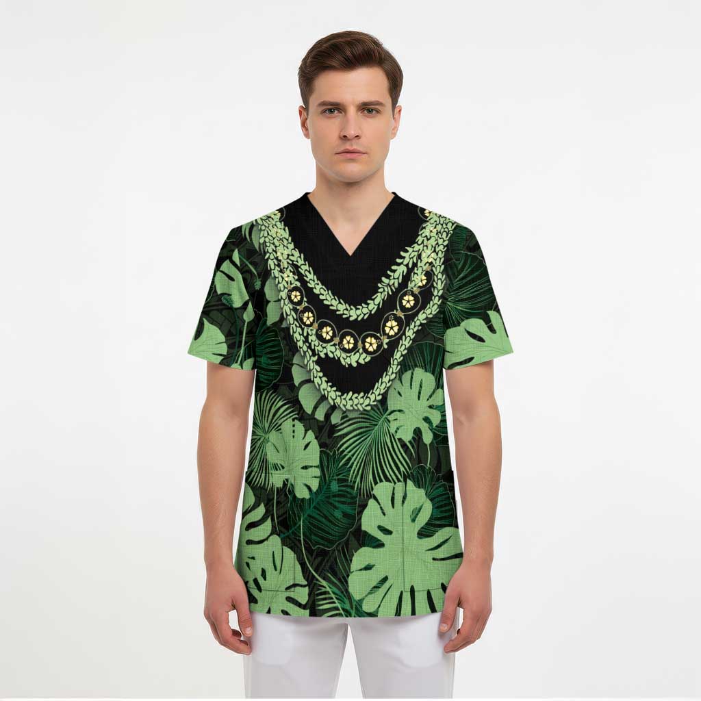 Green Hawaii Kukui Nut Lei Scrub Top Hawaiian Pattern Monstera Tropical Vibes LT14 - Polynesian Pride
