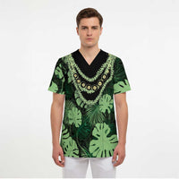 Green Hawaii Kukui Nut Lei Scrub Top Hawaiian Pattern Monstera Tropical Vibes LT14 - Polynesian Pride