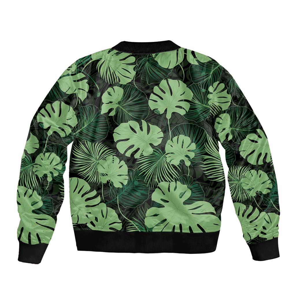 Green Hawaii Kukui Nut Lei Sleeve Zip Bomber Jacket Hawaiian Pattern Monstera Tropical Vibes LT14 - Polynesian Pride
